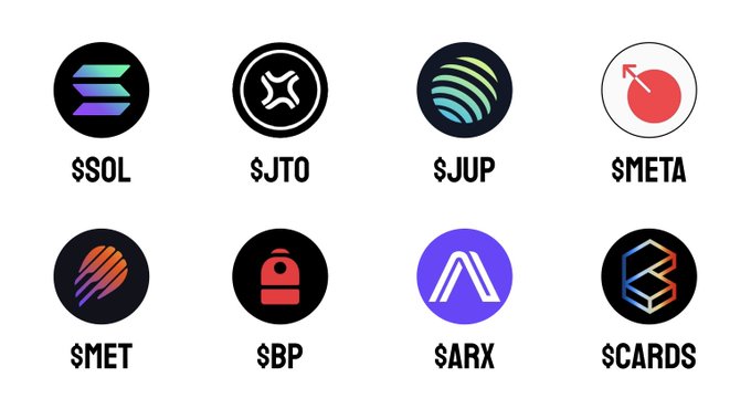 The image displays eight cryptocurrency token logos arranged in two rows, featuring tickers $SOL, $JTO, $JUP, $META, $MET, $BP, $ARX, and $CARDS, which visually represent the "8 Solana tokens" the poster is holding in their portfolio.