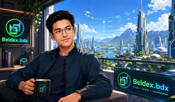 A digital illustration of a young man with glasses holding a Beldex.bdx mug, with futuristic city scenery and Beldex logos in the background.