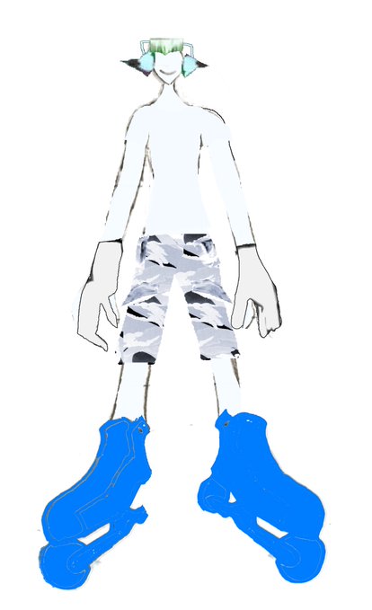 A rough digital sketch of a figure with green hair wearing camo shorts and oversized bright blue inline skates.