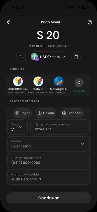 A mobile payment app screen showing a $20 USDT transfer for 'Pago Móvil' with recipient details including document number 18244873 and name Juan Betancourt.