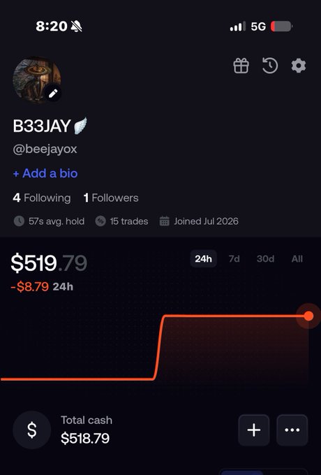 The image shows a profile screenshot of user "B33JAY (@beejayox)" displaying a portfolio value of $519.79 with a 24h loss of -$8.79, and a total cash balance of $518.79. This appears to celebrate a modest trading win, likely the result of their recent web3 work, with the small portfolio total reflecting their biggest earnings to date.
