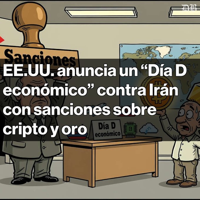 A digital illustration of two cartoon characters in an office setting, overlaid with a Spanish news headline reading 'EE.UU. anuncia un "Día D económico" contra Irán con sanciones sobre cripto y oro' (USA announces an economic D-Day against Iran with sanctions on crypto and gold).