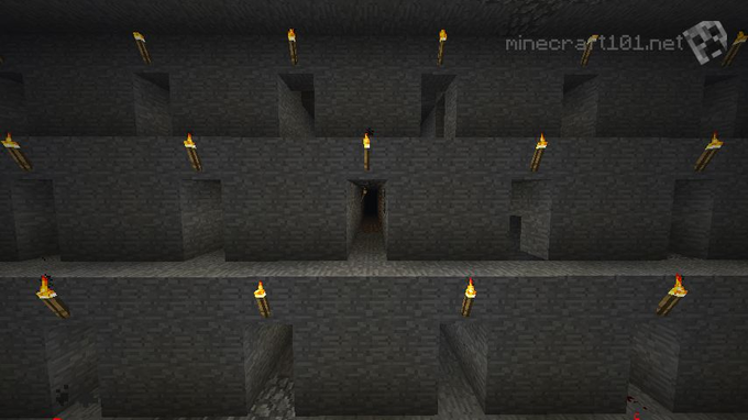A dark Minecraft cave with torches lighting a grid-like stone structure symbolizes the endless cycle of financial markets, where small flames of optimism (bull markets) repeatedly emerge from the surrounding darkness (bear markets). The watermark "minecraft101.net" appears in the top right corner.
