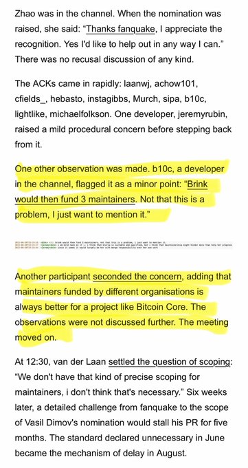 A screenshot of an article discussing a Bitcoin Core meeting, with highlighted sections detailing concerns from developers 'b10c' and another participant about Brink funding 3 maintainers and the funding of maintainers by different organizations.