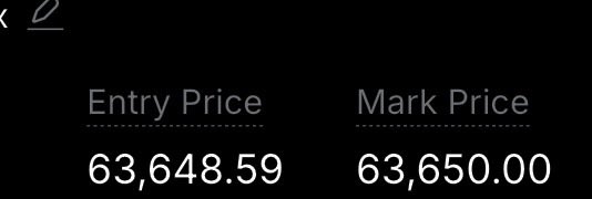 The image shows trading entry data with an Entry Price of 63,648.59 and a Mark Price of 63,650.00, indicating a long Bitcoin position with a small unrealized gain, consistent with the post describing a $BTC long.
