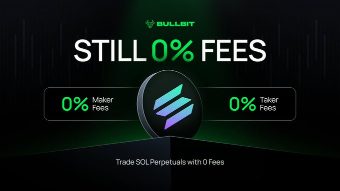 A promotional graphic for "BULLBIT" advertising "STILL 0% FEES" with both Maker and Taker fees at 0%, encouraging users to "Trade SOL Perpetuals with 0 Fees".