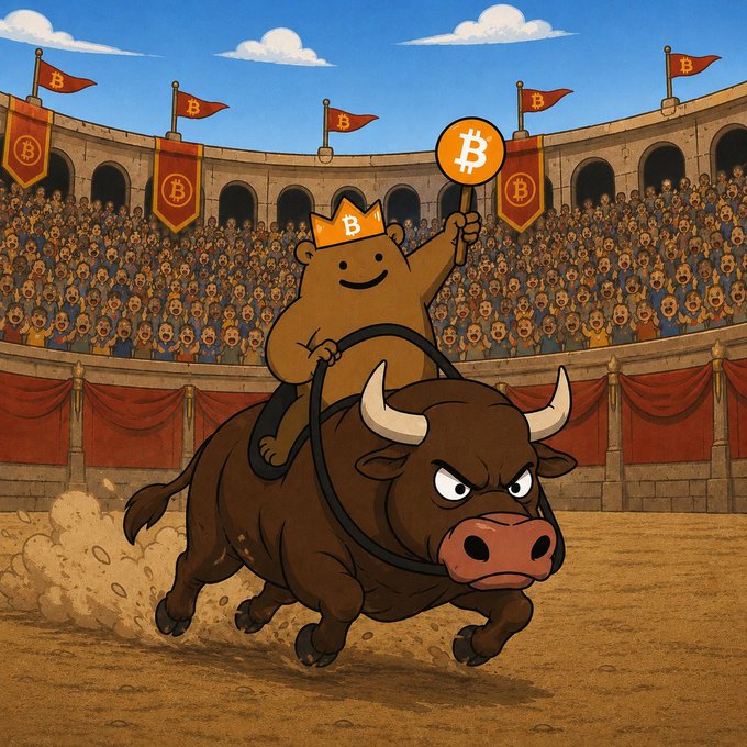 The image features a cartoon bear riding a bull, holding a Bitcoin sign. The scene takes place in an arena with red curtains and a crowd of people watching the event. The caption for the image reads "Stay Bitcoin @BITCOIN_GRIZZY #Runes @LeonidasNFT @TangoTango".