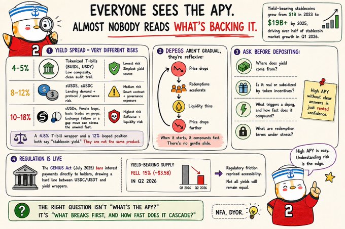 An infographic titled 'EVERYONE SEES THE APY. ALMOST NOBODY READS WHAT'S BACKING IT.' explaining risks of yield-bearing stablecoins, featuring sections on yield spread, depegging, and the GENIUS Act, with a penguin mascot labeled '2'.