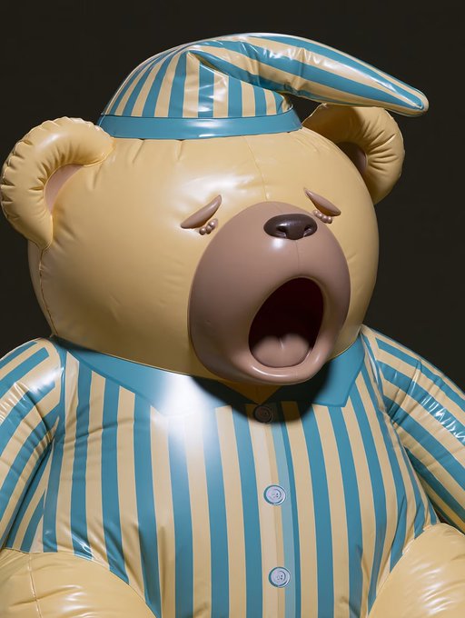 A 3D render of a teddy bear wearing blue and yellow striped pajamas with a matching sleeping hat, yawning widely with an open mouth.