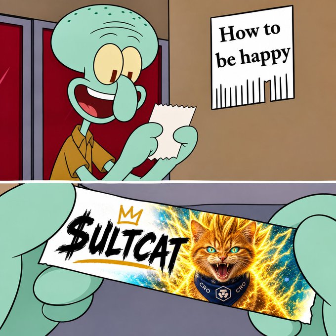 A two-panel SpongeBob SquarePants meme featuring Squidward reading a paper under a 'How to be happy' poster, with the bottom panel revealing the paper shows 'SULTCAT', a meme token featuring an angry cat with a glowing background.