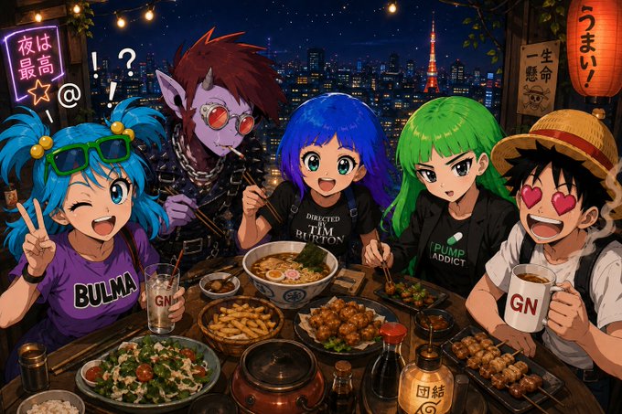 An anime-style illustration of five characters having a meal together at a nighttime rooftop dinner with a Tokyo cityscape in the background, featuring characters with text like 'BULMA', 'TIM BURTON', and 'PUMP ADDICT'.