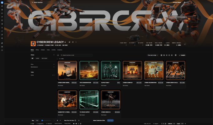 A screenshot of the CyberCrew Legacy NFT collection page on OpenSea, displaying various NFT listings with prices ranging from approximately 0.4 ETH to 0.6 ETH.