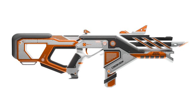 A futuristic toy or 3D model of a sci-fi rifle with orange, white, and black coloring, featuring the text 'CYBERSNOW' and 'FV-2' on its side.