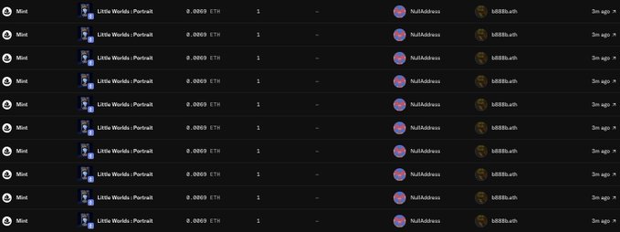 A screenshot showing 10 identical recent mint transactions of "Little Worlds - Portrait" NFTs, each priced at 0.0069 ETH and sent to "NullAddress," which aligns with the user's post about minting 10 NFTs and accidentally sending 2 to the null address instead of keeping them.