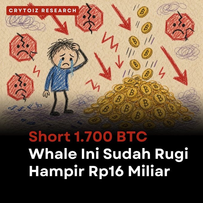 The image is a Crytoiz Research graphic with hand-drawn illustrations showing a distressed stick figure in blue crying beside a pile of Bitcoin tokens, surrounded by red sad faces and downward arrows symbolizing losses. The headline reads "Short 1.700 BTC Whale Ini Sudah Rugi Hampir Rp16 Miliar," illustrating the post's content about a Bitcoin whale facing nearly 16 billion rupiah in losses after stop-lossing 300 BTC on a short position.