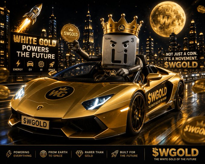 A flashy promotional graphic for '$WGOLD' (White Gold) featuring a lithium (Li) cube character wearing a crown and holding a gold coin, sitting in a gold Lamborghini with a city skyline, moon, and rocket in the background. Slogans include 'WHITE GOLD POWERS THE FUTURE,' 'NOT JUST A COIN. IT'S A MOVEMENT,' and 'THE WHITE GOLD OF THE FUTURE.'