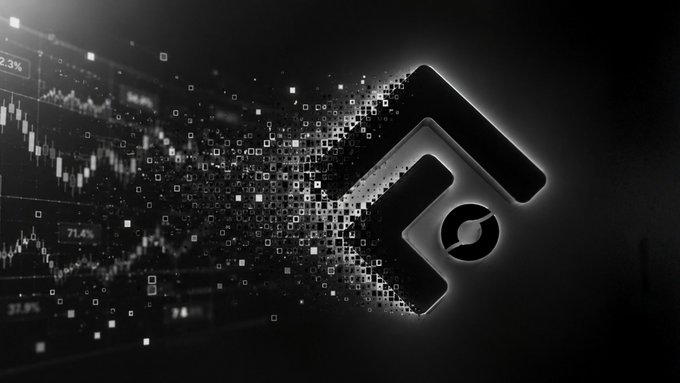 A black-and-white digital graphic featuring a stylized logo dissolving into pixelated squares alongside candlestick charts and data points.