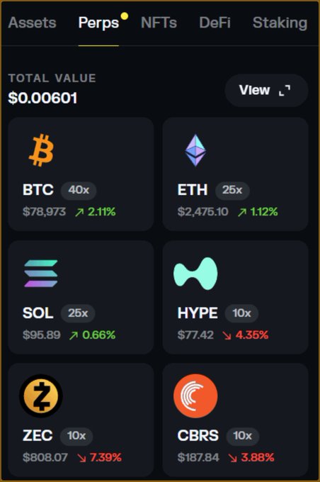 A Solflare wallet interface displays the "Perps" tab showing a total value of $0.00601 and perpetual futures pairs for BTC (40x, $78,973, +2.11%), ETH (25x, $2,475.10, +1.12%), SOL (25x, $95.89, +0.66%), HYPE (10x, $77.42, -4.35%), ZEC (10x, $808.07, -7.39%), and CBRS (10x, $187.84, -3.88%), illustrating the platform's on-chain perpetual futures trading feature highlighted in the post.
