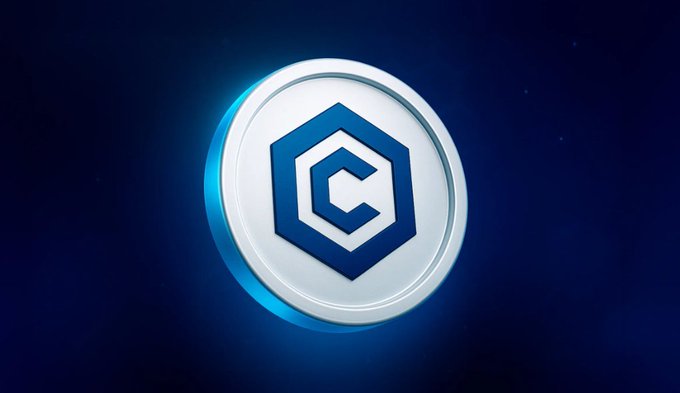 A 3D rendered coin or token floats against a dark blue background, featuring a stylized white "C" logo inside a hexagon.