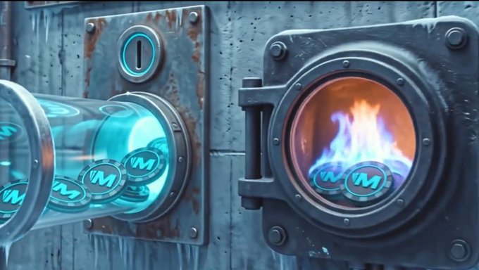 The image shows two industrial chambers side by side: a frost-covered chamber on the left dispensing coins labeled "M," and a fiery chamber on the right consuming those same "M" coins in a furnace-like blaze, visually symbolizing the transformation of value between cold minting and burning mechanisms.

The imagery directly reinforces the post's message about MintABear's royalty system, where the "M" coins represent the $MNTD token being burned and redistributed—depicting how the project turns typical mint-and-die free mints into a perpetual value cycle through ETH and $MNTD royalty distributions.