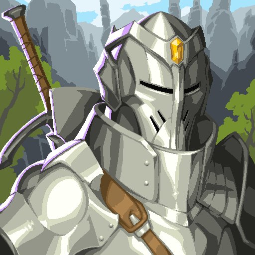 Digital illustration of an armored knight in silver plate armor with a visored helmet and a sword strapped to their back, set against a mountainous landscape.