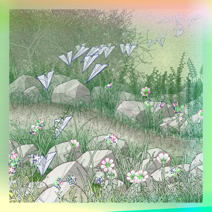 An artistic illustration features a stylized rocky stream landscape rendered in green tones, adorned with pink and purple flowers and a flock of paper airplanes soaring across the sky.