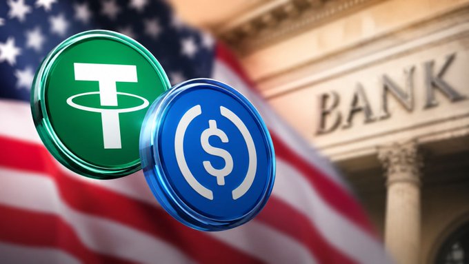Two cryptocurrency coins—one displaying the Tether (₮) logo and the other the USDC symbol—are prominently featured in the foreground against an American flag and a building labeled "BANK," visually representing the emerging tension between stablecoins and traditional banking institutions over financial yields and dollar infrastructure.