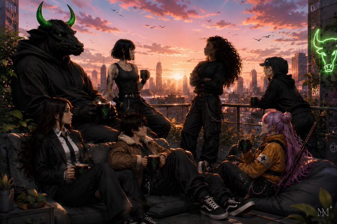 A diverse group of friends gathers on a rooftop overlooking a sunset cityscape, with a large black horned bull mascot among them and a glowing green bull neon sign on the right wall.

The image visually reinforces the post's bullish theme, depicting a close-knit community of "bullievers" sharing drinks at sunset alongside the iconic black bull mascot referenced in the caption.