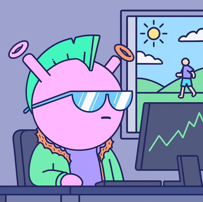 A cartoon illustration shows a pink character with green spiky hair, blue sunglasses, and a green jacket sitting at a computer showing an upward green chart, with a walker visible through the window.