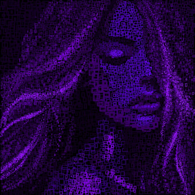 A stylized digital portrait of a woman rendered in purple pixelated blocks and geometric shapes, depicting her face with glowing eyes and braided hair against a dark background.