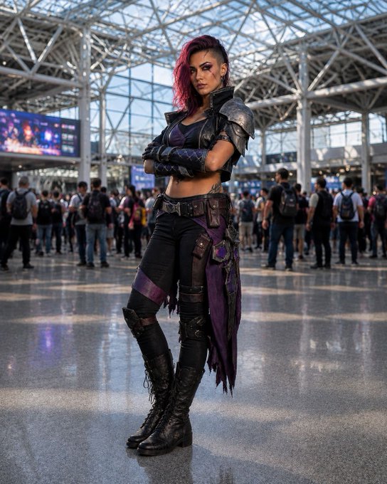 A cosplayer dressed in dark fantasy armor with purple accents, featuring a mohawk hairstyle, posing in a large convention hall with a glass ceiling.