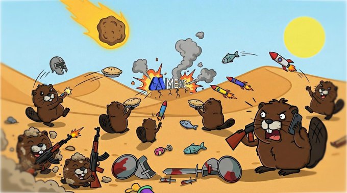 The image features a cartoon scene of several animals, including bears, bison, and beavers, engaged in various activities such as fighting or playing with each other. The main focus of the image is a bear holding a gun, which appears to be causing chaos among the other animals. In addition to the bear, there are multiple other animals present in the scene, some of them also armed with guns.

The caption for this image reads: "Only one @boberonmvx beaver is safe from the @MEXC assessment graveyard: $BOBER. While the VC-funded launchpad darlings ($HTM @H atomProtocol, $TADA @ta_da_io, $A1X @_AI_Nexus) are sweatin' under review, the humble @boberonmvx beaver is still standing strong. Why? No". The image also includes a reference to a post about a @MEXC assessment graveyard and a list of animals involved in the chaos.