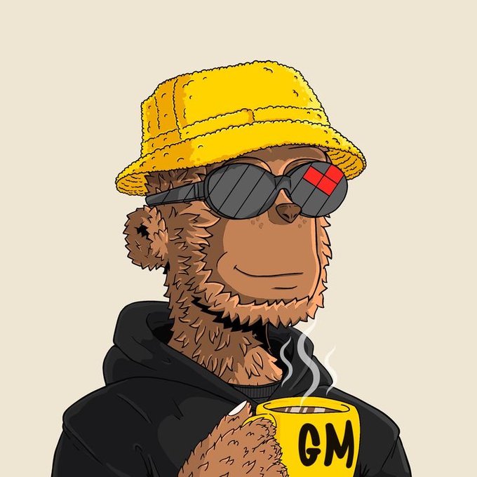 A cartoon bear wearing a yellow bucket hat and sunglasses smiles while holding a steaming yellow mug labeled "GM," perfectly matching the post's cheerful morning greeting and motivational message about discipline paying off.