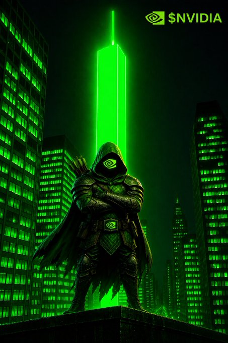 A green-armored ninja warrior stands on a rooftop in a green-lit cityscape, with the '$NVIDIA' logo and text in the top right corner.