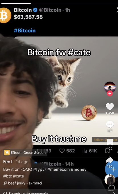 The image shows a TikTok-style video featuring a kitten reaching toward a Bitcoin coin with the text "Bitcoin fw #cate" and "Buy it trust me" overlaid, while a smiling young man appears in the foreground. The post references Bitcoin at $63,587.58 from the @Bitcoin account and discusses the $CATE memecoin hype promoted by influencers on TikTok, mocking the scale of retail-driven crypto promotions.