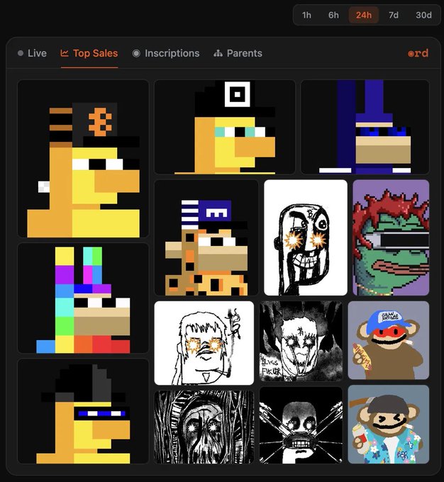 A dark-themed digital dashboard showing a 'Top Sales' leaderboard with pixel-art character thumbnails, including what appears to be a Pepe-style character and other meme figures.