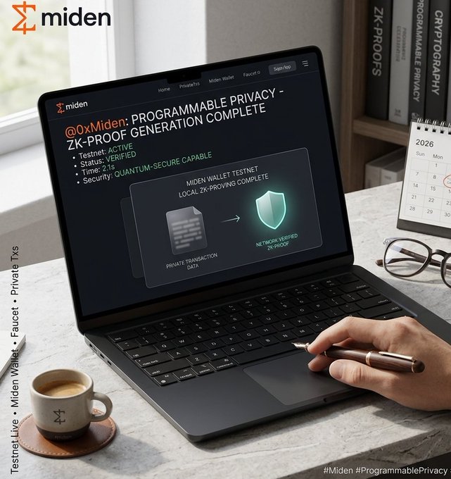 The image shows a person using their laptop computer with a coffee cup nearby. They are typing something into the laptop screen, which appears to be related to cryptocurrency or wallet management. The person's hand can also be seen holding a pen over the keyboard. In the background, there is a calendar and a book on a table.
