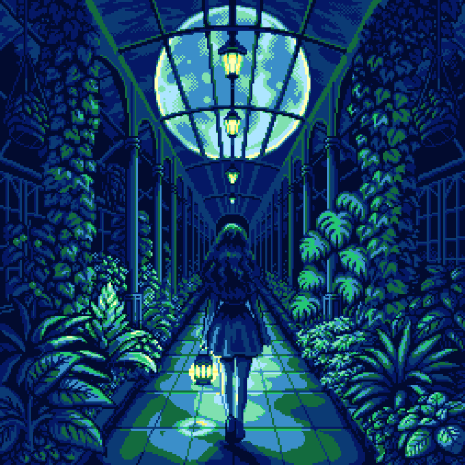 Pixel art depicting a figure holding a glowing lantern walking down a moonlit, plant-lined pathway or corridor under a large full moon.