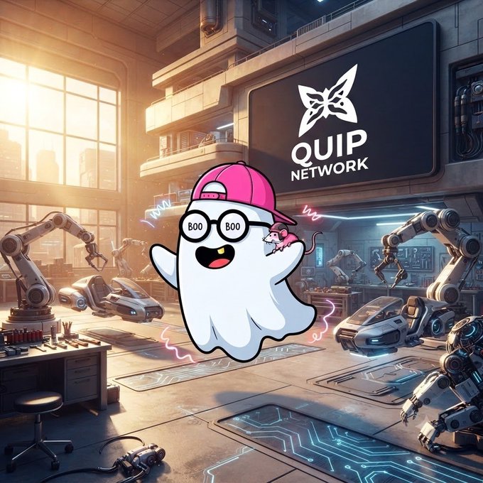 A vibrant digital artwork shows a ghost wearing glasses, a pink cap, and holding a small mouse, floating in a futuristic workshop with robots and a sign reading 'QUIP NETWORK'.