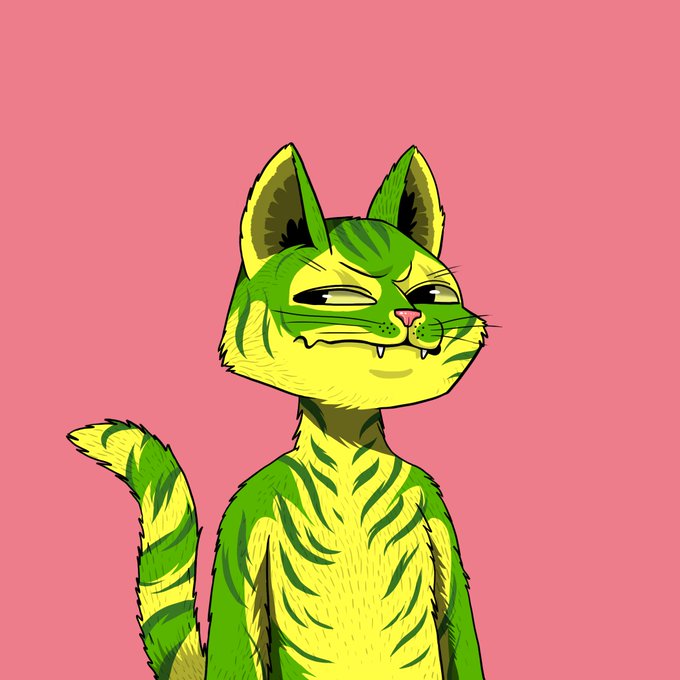 A digital illustration of a smug-looking green tabby cat with prominent fangs sitting against a solid pink background.