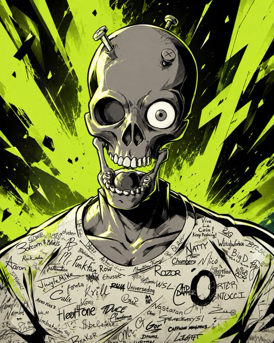 An illustrated zombie-like skull character with bolts in its head wears a shirt covered in numerous artist signatures, set against a green and black shattered background.