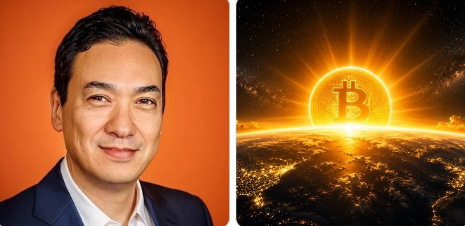 Simon Gerovich, CEO of Metaplanet, pictured beside a glowing Bitcoin rising over Earth, symbolizing his claim that Asia is entering its first major Bitcoin cycle, shifting the center of crypto capital eastward.