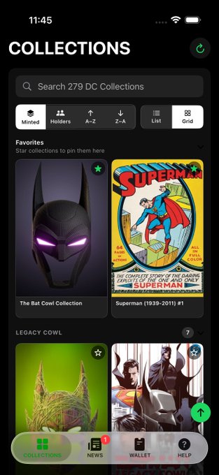 Screenshot of a "Collections" screen in a digital collectibles app displaying 279 DC collections, featuring favorites like "The Bat Cowl Collection" and "Superman (1939-2011) #1" alongside a "Legacy Cowl" section, with a bottom navigation bar showing Collections, News, Wallet, and Help tabs. The image illustrates the DC Digital Art app being promoted, showcasing comic-themed digital collectibles available on the platform referenced in the tweet.