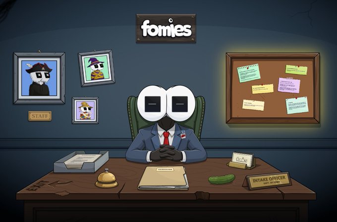 A cartoon character with large square eyes wearing a suit sits behind a desk labeled 'INTAKE OFFICER' in an office with framed portraits and a 'fomies' sign.