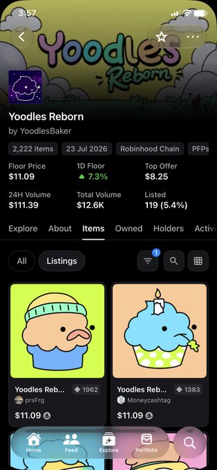 A screenshot of a mobile app called "Yoodles Reborn" showing an NFT listing with 2,222 items, a floor price of $11.09, and 24H volume of $11.39, displaying two character items listed for $11.09 each.