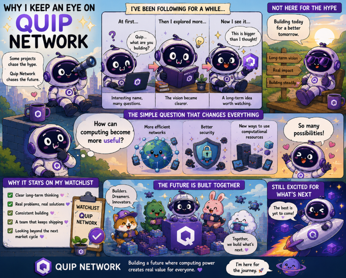 An illustrated infographic titled 'WHY I KEEP AN EYE ON QUIP NETWORK' featuring a purple robot mascot explaining the project's vision, long-term goals, and watchlist status across multiple comic-style panels.