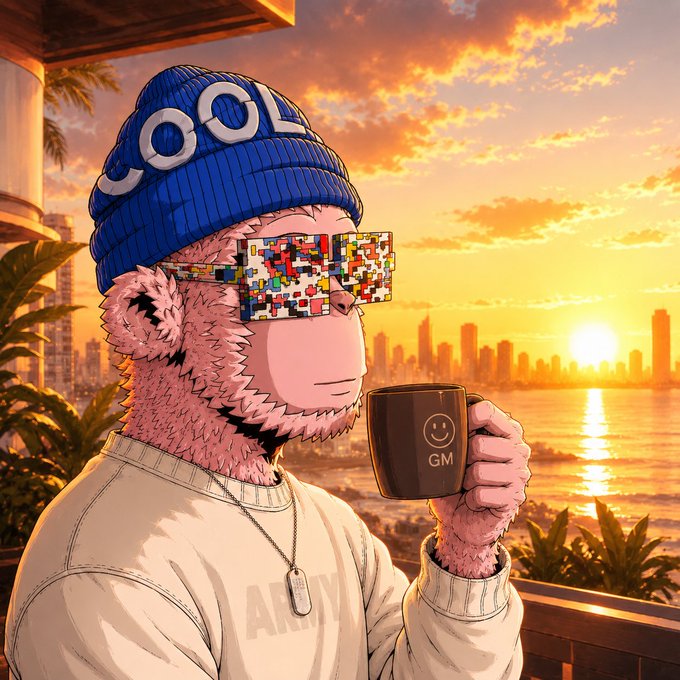 An anthropomorphic bear wearing a blue "COOL" beanie and pixelated mosaic sunglasses sips from a mug labeled "GM" (good morning) at sunrise over a coastal city skyline, visually matching the "Good morning family" greeting and reinforcing the casual, optimistic tone of the CNPY Network infrastructure shoutout.