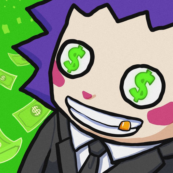 A cartoon character with purple spiky hair, a wide grin, and dollar signs for eyes is surrounded by floating green cash, visually symbolizing the "Chog Labs" NFT treasury expansion and the company's profit-driven acquisition of 20 more NFTs.