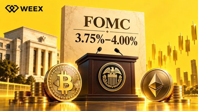 A financial graphic with the "WEEX" logo showing the Federal Reserve's FOMC interest rate range of "3.75%-4.00%" displayed on a podium, with Bitcoin and Ethereum coins in the foreground against a yellow background with a Federal Reserve building and stock chart.