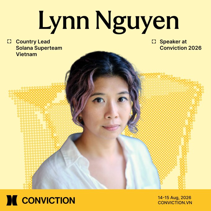 The image features a woman with purple hair wearing a white shirt, standing against a yellow background. The text "lynn nguyen" is written above her head, while "Superteam Vietnam" is below her. The caption reads "Focus on what is in the image and how it relates to Conviction 2026!".